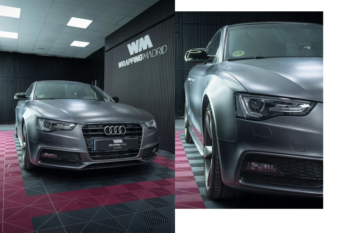 Cambio de color de un Audi A5 en color gris mate satinado, coche en el taller de Madrid