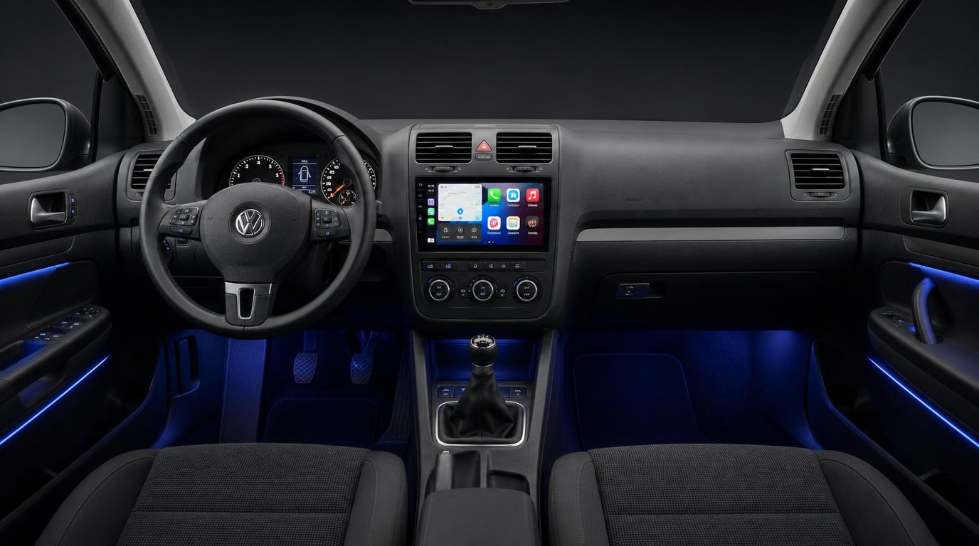 Interior de coche con pantalla multimedia e iluminación ambiental