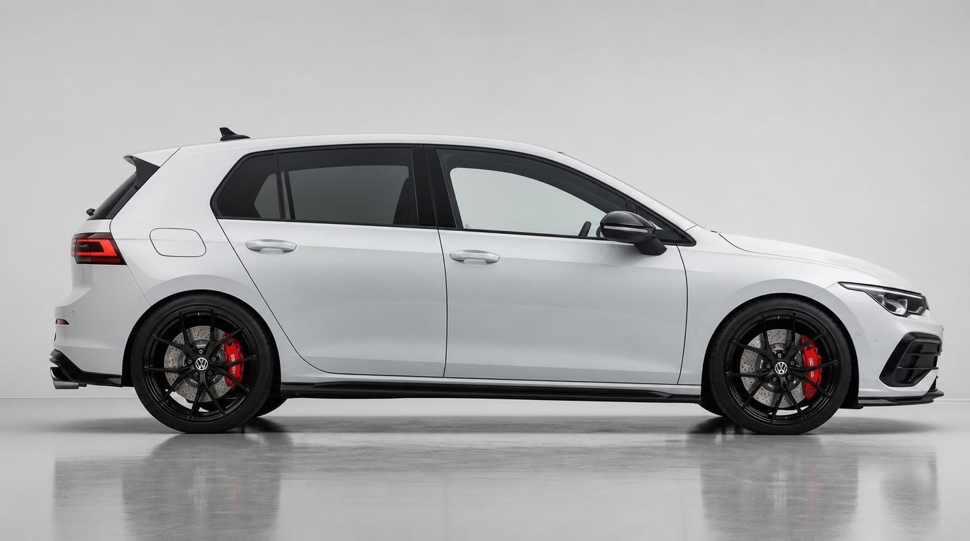 Coche con llantas negras, pinzas de freno rojas y kit de carrocería