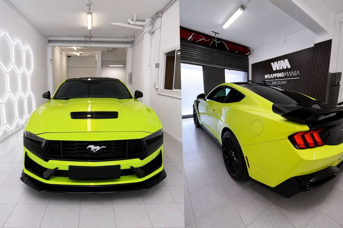 Ford Mustang GT vinilado en verde Acid Lime en WrappingMania Barcelona